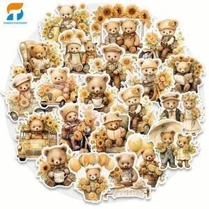 54 Cute Teddy Bear Stickers Set with Sunflowers
